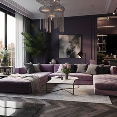 a living room with purple couches and chandelier hanging from the ceiling in front of large windows