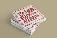 two pizza boxes stacked on top of each other with the words friday's pizza printed on them