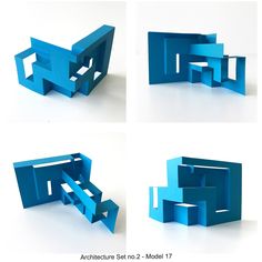 four different angles of an object made out of blue construction paper and cut into smaller pieces