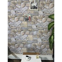 a stone wall with pictures on it and a plant in the corner next to it