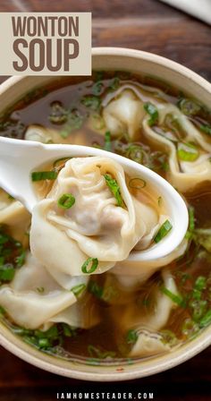 Overhead image of a white soup spoon holding a wonton garnished with green onion, being held over a tan colored bowl filled with a brown broth and more wontons and green onion. Pork Wontons, Wonton Recipe, Wonton Soup Recipe, Recipe Soup, Chinese Cooking Recipes, Dinner Chicken