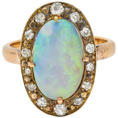 Victorian Opal Diamond 18 Karat Yellow Gold Antique Halo Ring Halo Rings, Estate Jewelry, Halo, Diamond Earrings