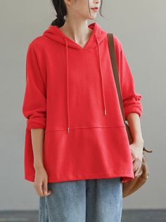 Sku CY-!89361 Material >50%Cotton Style Loose , Long Sleeves Feature Drawstring , Hooded , Solid Color Neckline Hooded Occasion Casual , Simple , Vintage Seasons Spring , Autumn , Winter Type Hoodies&sweatshirt Tops Color RED,KHAKI Size FREE SIZE Please consult the size chart we provide for this item's measurements to help you decide which size to buy.Please note: There may be 1-3cm differ due to manual measurement.CMINCH Bust Waist Shoulder Sleeve Hemline Top Length Sleeve Opening FREE SIZE 122 Winter Drawstring Top, Winter Solid Color Top With Drawstring, Winter Solid Top With Drawstring, Solid Color Winter Tops With Drawstring, Solid Long Sleeve Tops With Kangaroo Pocket, Hoodie With Pockets For Spring, Solid Tops With Drawstring Hood For Spring, Spring Hoodie Top With Pockets, Red Oversized Top With Drawstring Hood