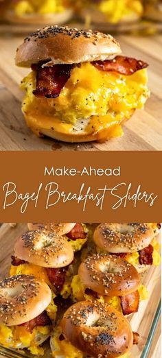 bacon and egg breakfast sliders on a cutting board with the words make - ahead, best breakfast sliders