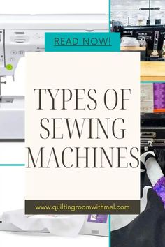 sewing machine with the words types of sewing machines on it's front and side