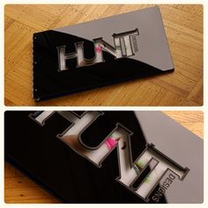 two pictures of the logo for h & m cosmetics on wood flooring, one is black and white