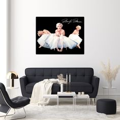 a living room filled with furniture and a baby in a tutu skirt on top of it