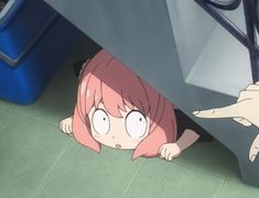 an anime character with pink hair is peeking out from behind a wall and reaching for something