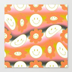 a colorful pattern with smiley faces and flowers on pink, yellow and orange canvas print