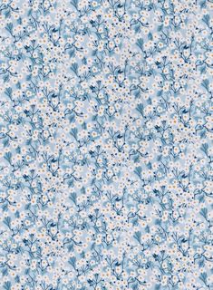 a blue and white flowered background with lots of small flowers on the bottom half of it