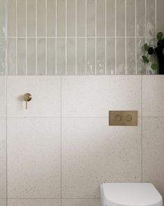 a white toilet sitting next to a tiled wall