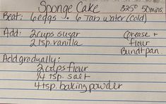 a piece of paper with writing on it that says sponge cake and bundt cakes