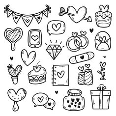 hand drawn wedding doodles with hearts, flowers and other things to draw on paper