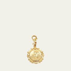 Roman coin chain locket charm by Ben-Amun. 24-karat gold electroplating. Approx. 1.75"L x 1"W. Lobster claps. Made in USA. Gold Jewelry With Logo Charm For Collectors, Gold Round Jewelry With Logo Charm, Gold-tone Medallion Charms Jewelry, Vintage Gold Logo Charm, Gold Coin-shaped Jewelry With Charms, Gold Engraved Jewelry Souvenir, Engraved Gold Jewelry As Souvenir, Gold Vintage Charm Round Pendant, Gold Round Pendant Charms With Vintage Charm