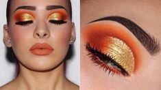 Red Orange Gold Eye Makeup, Red Yellow Makeup Eyes, Orange Carnival Makeup, Cute Orange Makeup Looks, Red Orange Yellow Eyeshadow, Red And Yellow Eye Makeup, Smokey Orange Eye Makeup, Makeup For Orange Outfit, Red And Orange Makeup