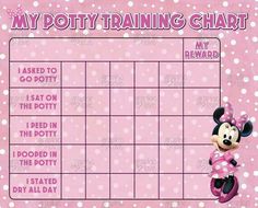 a pink minnie mouse potty training chart with polka dots on the bottom and an image of