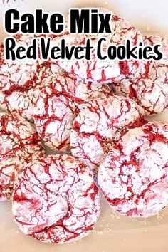 red velvet cookies are piled on top of each other with the words, cake mix red velvet cookies