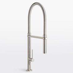 a stainless steel sink faucet with the handle extended and no handles on it