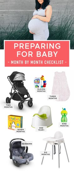 a pregnant woman standing next to her baby's car seat and stroller with the words preparing for baby month by month checklist