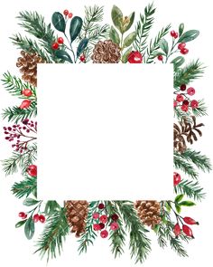 a square frame decorated with pine cones, berries and evergreen leaves