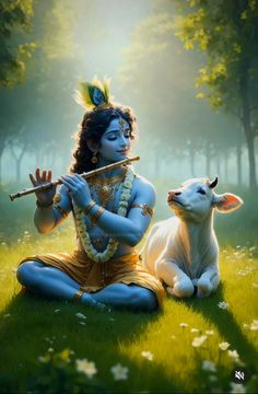 a woman sitting in the grass with a flute next to a cow that is laying on the ground