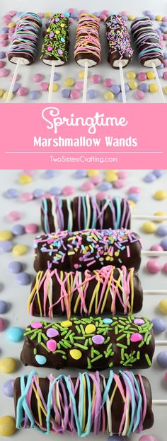 chocolate covered marshmallow wands with sprinkles on them and the text overlay says springtime marshmallow wands