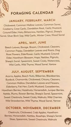 a menu for an event with flowers and leaves on the front page, including dates