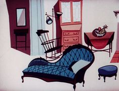 an image of a living room scene with furniture and decor on the walls, including a blue couch