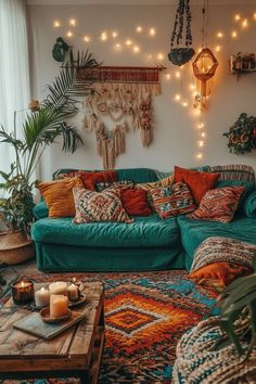 a living room filled with furniture and lots of lights hanging from the wall above it