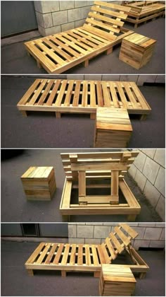 four different pictures of the same bench made out of wooden pallets and some sort of box