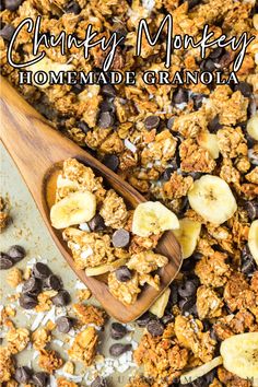 a wooden spoon filled with granola next to chocolate chips and sliced banana's