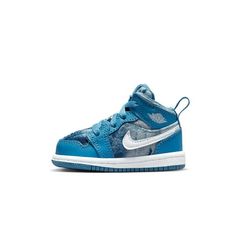 Toddler's Jordan 1 Mid Dutch Blue/White Size: 6.  Gender: unisex. Jordan Shoes For Kids, Jordan 1 Mid White, Kids Jordan, Dutch Blue, Tie Dye Denim, Nike Air Jordan 1 Mid, Toddler Girl Shoes, Jordan 1s, Nike Air Jordan 1