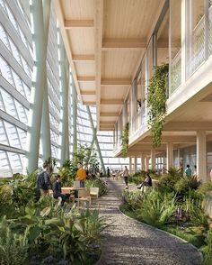 an artist's rendering of the inside of a building with plants and people sitting at tables