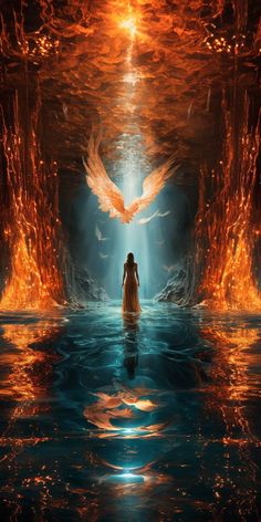 a woman standing in the water surrounded by fire and ice with wings flying above her