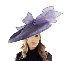 Hats By Cressida Kentucky Derby Ascot Fascinator Hats Dark Purple Barn Owl Fascinator Hat Gorgeous extra large dark purple sinamay flat saucer hatinator trimmed with a purple modern take on a bow This dark purple fascinator measures 48cm wide or about 19 inches This headpiece is mounted with a matching headband.   If you prefer a headband to match your hair, please make a note at check out what colour headband you want. Our Barn Owl Saucer Fascinator Hatinator that's perfect for any formal occasion, wedding, horse racing events like the Kentucky Derby, Ascot,Dubai World Cup and Glorious Goodwood.  Featuring an extra large sinamay flat saucer base and sinamay bow, this elegant cocktail hat is ideal for women who want to make a statement at the Epsom Derby,Kentucky Oaks, Preakness or mother Fitted Purple Wide Brim Top Hat, Wide Brim Purple Fascinator For Races, Purple Wide Brim Fascinator For Formal Events, Purple Wide Brim Fascinator For Formal Occasions, Fitted Purple Top Hat For Royal Ascot, Fitted Purple Costume Hat With Short Brim, Purple Fitted Wide Brim Costume Hat, Purple Short Brim Fascinator For Races, Purple Fitted Fascinator With Short Brim