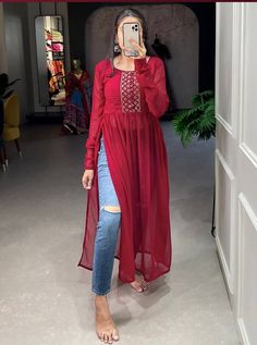 Our "charming red embroidered work georgette event wear nayra cut kurti" is a versatile and stunning piece that is perfect for any occasion. Price:-$10.00 Nayra Cut Kurti, Nayra Cut, Stylish Kurtis, Ethereal Elegance, Floral Frocks, Maxi Dress Designs