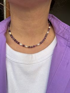 Gorgeous choker necklace with square amethyst gemstone bead. Tender combination of purple, pearls and silver makes this necklace perfect both for everyday wear and holidays. It's original jewelry, beaded by hand, using only natural gemstone beads. You can also combine in a lot of ways with your own jewelry and your casual or festive outfits. LENGTH: custom +3 cm exstension chain. CLOSURE: lobster clasp. MATERIALS: beading wire, 925 silver furniture, silvered stainless steel closure furniture, 4- Purple Single Strand Pearl Necklace, Purple Pearl Single Strand Necklace, Adjustable Purple Pearl Necklace, Purple Amethyst Gemstone Beads Pearl Necklace, Purple Amethyst Pearl Necklace With Gemstone Beads, Purple Gemstone Pearl Necklace Gift, Purple Beads Necklace, Purple Bead Necklace, Festive Outfits