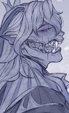 a drawing of an evil looking man with his mouth wide open and sharp teeth in the background