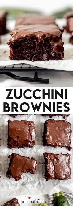 chocolate zucchini brownies are cut in half and stacked on top of each other