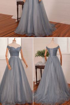 Simple Off Shoulder Gray Tulle Long Prom Dresses with Belt, Off the Sh – Lwt Dress Off Shoulder Prom Dress, Prom Dresses Off The Shoulder, Grey Evening Dresses, Off Shoulder Evening Dress, Graduation Party Dresses, Beautiful Prom Dresses, Dress A Line, High Quality Dress, Tulle Prom Dress