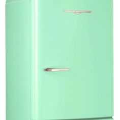 a mint green refrigerator freezer sitting on top of a counter next to a white wall