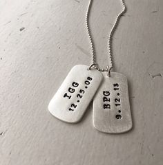 The classic look of our Men's Dog Tag Necklace never goes out of style. Personalize this piece with names, dates, initials or a special message of your choice. Fits up to 3 lines of text with up to 11 characters per line. Dog tag measures 1 1/4 inch long by 3/4 inch wide. Necklace comes with one tag. Our personalized jewelry is made by hand. Please allow 1 to 2 weeks for your order to ship from our studio. Hex Nut Jewelry, Mens Dog Tag Necklace, Mythology Jewelry, Man And Dog, Silver Stacking Rings, Rose Gold Chain, Disc Necklace, Initial Charm, Dog Tag