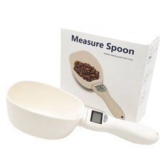 a measuring spoon with cereal in it and a book on the side that says measure spoon