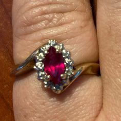 Size 8 Large Marquise Cut Ruby Surrounded By 12 Diamonds I’ve Seen Similar Styles But None With This Unique Detail Center Stone Is Very Large, A Showstopper! You Will Receive Many Compliments On This Piece Of Art You Can Tell This Ring Has Been Kept In Excellent Condition All These Years. Gold Is A Soft Metal&Will Change Shape According To Whomevers Wearing It. This Is Nearly Perfectly Round As The Day It Was Uniquely Created.It’s Never Too Late To Purchase What Could Be Your Family Heirloom!!! Ruby Diamond Ring, Ruby Diamond Rings, Never Too Late, Ruby Diamond, Family Heirloom, Marquise Cut, Too Late, Womens Jewelry Rings, Diamond Ring