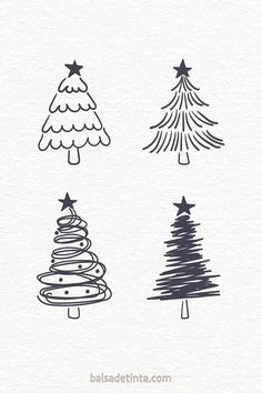 Cuatro ilustraciones de árboles de Navidad en distintos estilos de líneas negras sobre fondo blanco. Merry Christmas Drawings Easy, Simple Holiday Drawings, How To Draw Christmas Tree Step By Step, Holiday Graphic Design Inspiration, Christmas Simple Drawings, Drawing Of Christmas Tree, Christmas Easy Drawing, Christmas Doodles Easy, Drawing Ideas Christmas