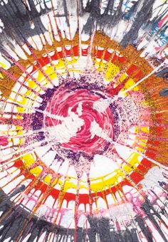 an abstract painting with multiple colors and lines in the shape of a sunburst