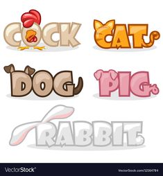 different types of letters and numbers for children's games, including the word cat, dog