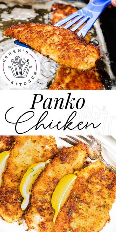 panko chicken cutlets on a plate with lemon wedges