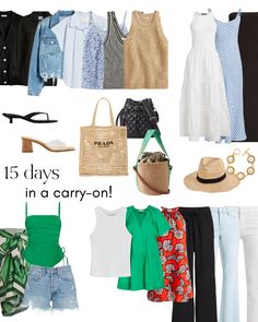 a collage of clothes and accessories with the words 15 days in a carry - on