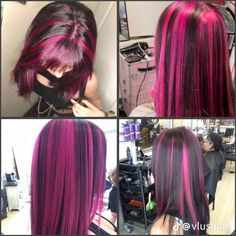 Dark Brown Hair With Pink, Skunk Hair, Pink Hair Dye, Red Hair Inspo, Hair Inspiration Long, Hair Streaks